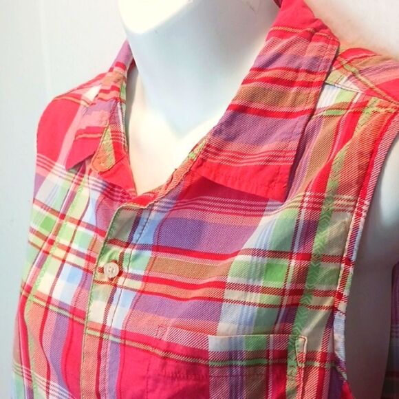 Lauren Ralph Lauren pink plaid button-up sleeveless top sz L Preppy, Y2K - Picture 2 of 6